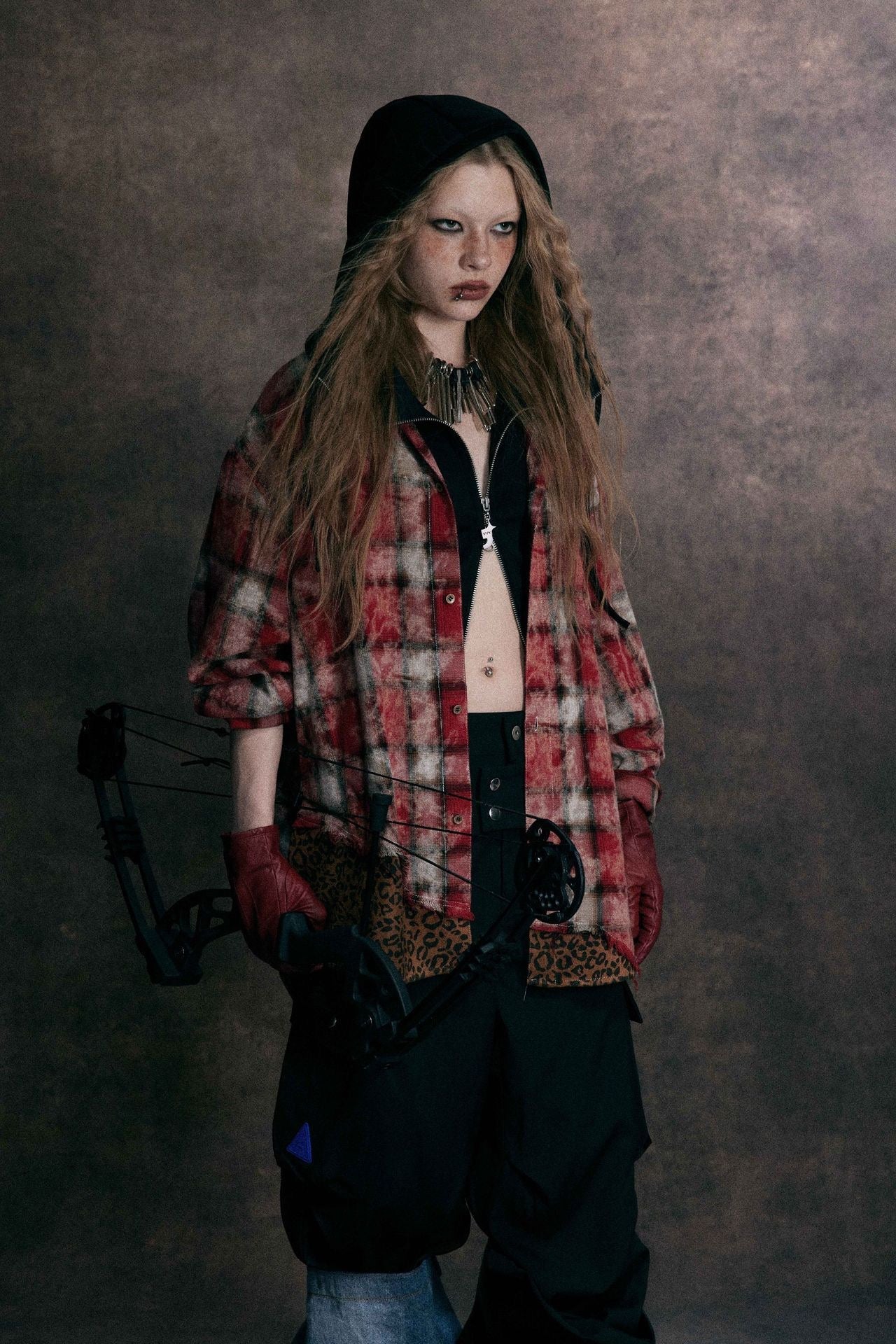Distressed Plaid Patchwork Shirt with Leopard Print Detail