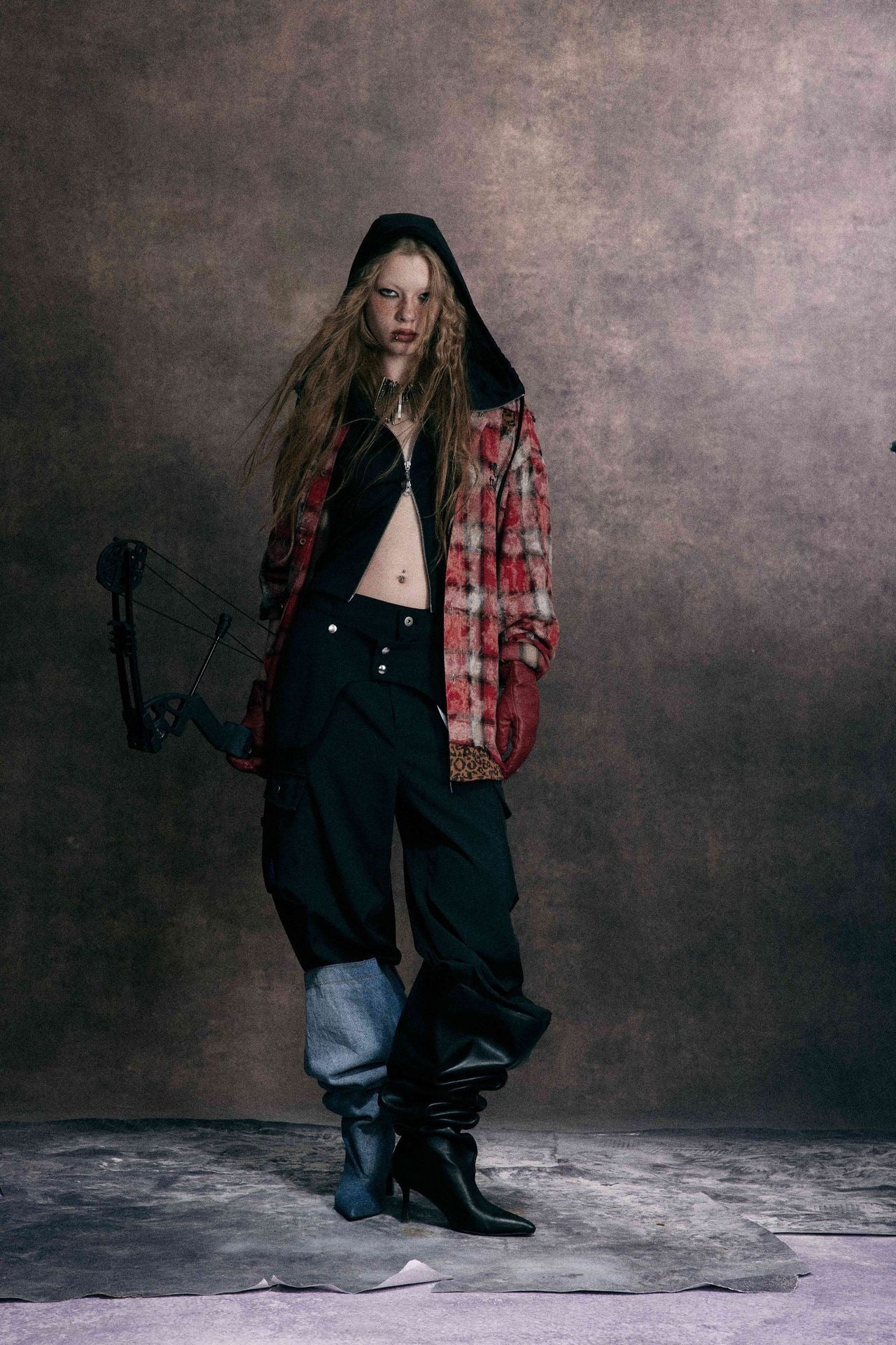 Distressed Plaid Patchwork Shirt with Leopard Print Detail