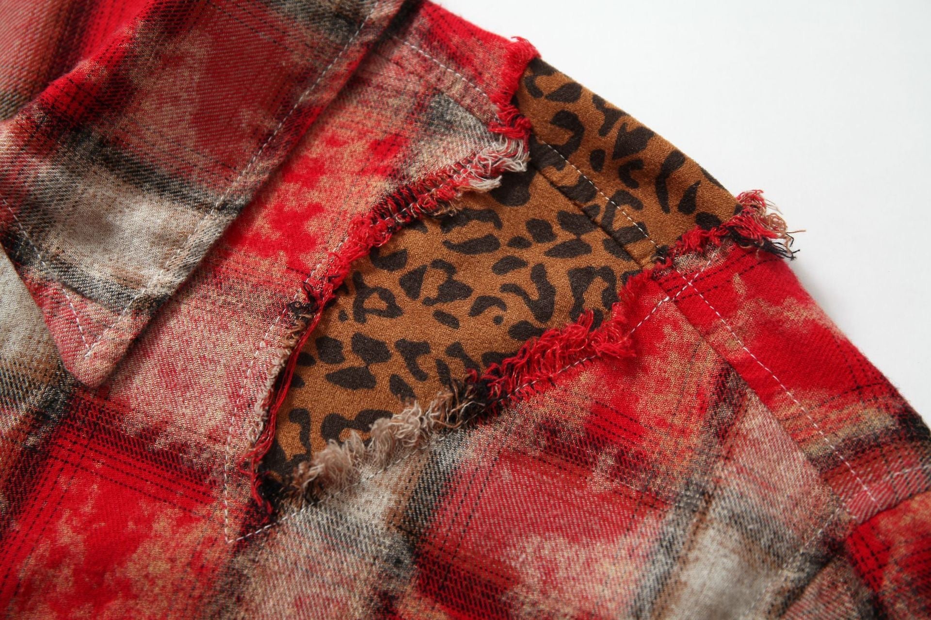 Distressed Plaid Patchwork Shirt with Leopard Print Detail