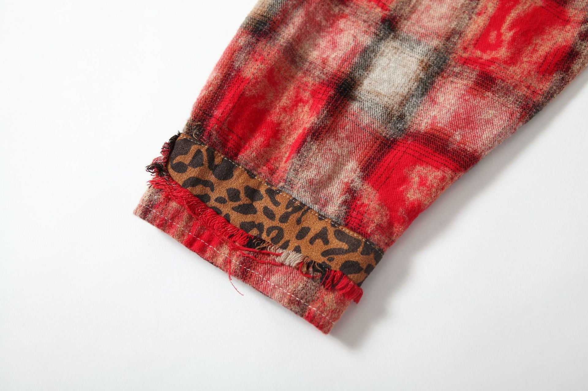 Distressed Plaid Patchwork Shirt with Leopard Print Detail