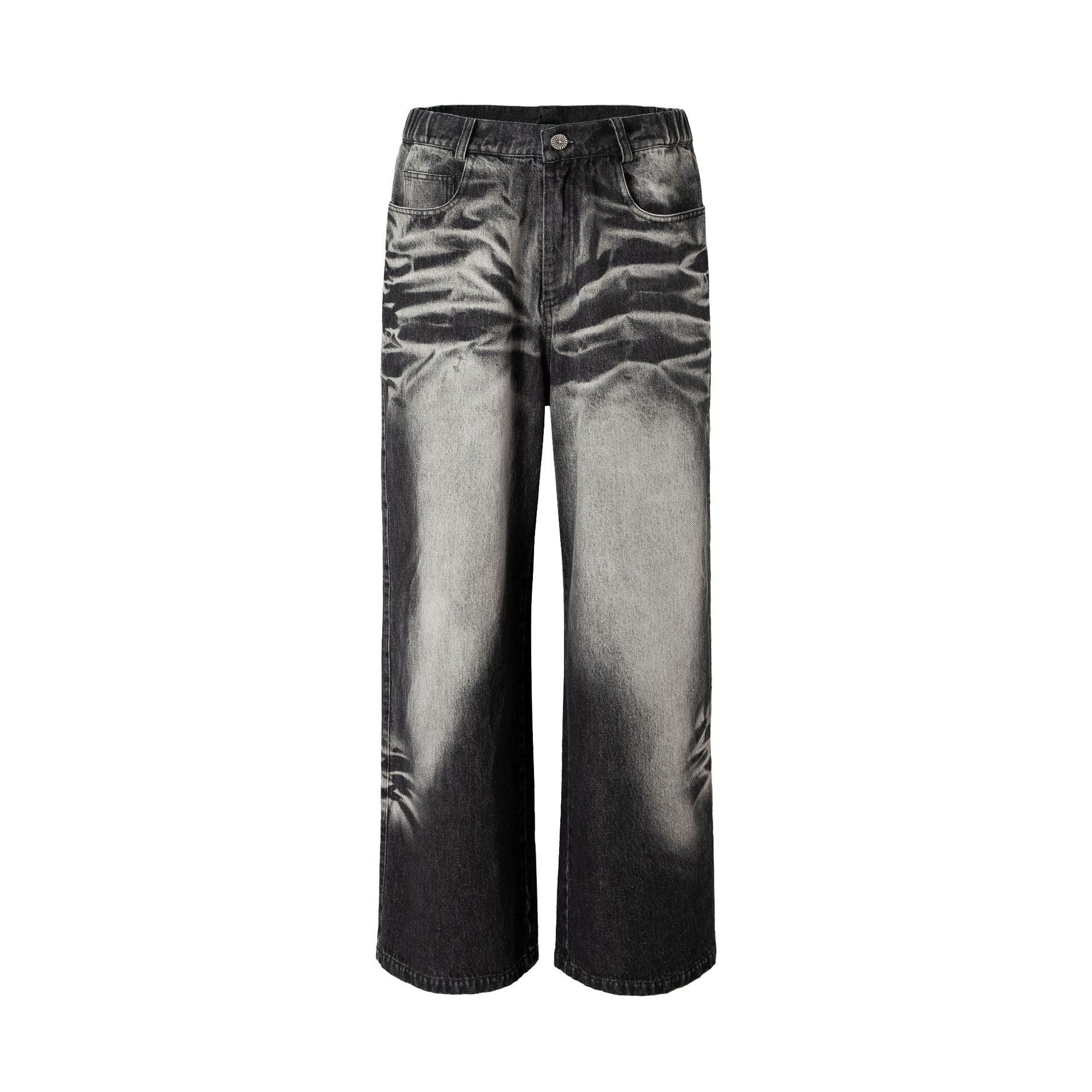 Front view of black crease-washed straight-leg denim pants with high-contrast grey fade detailing and five-pocket design