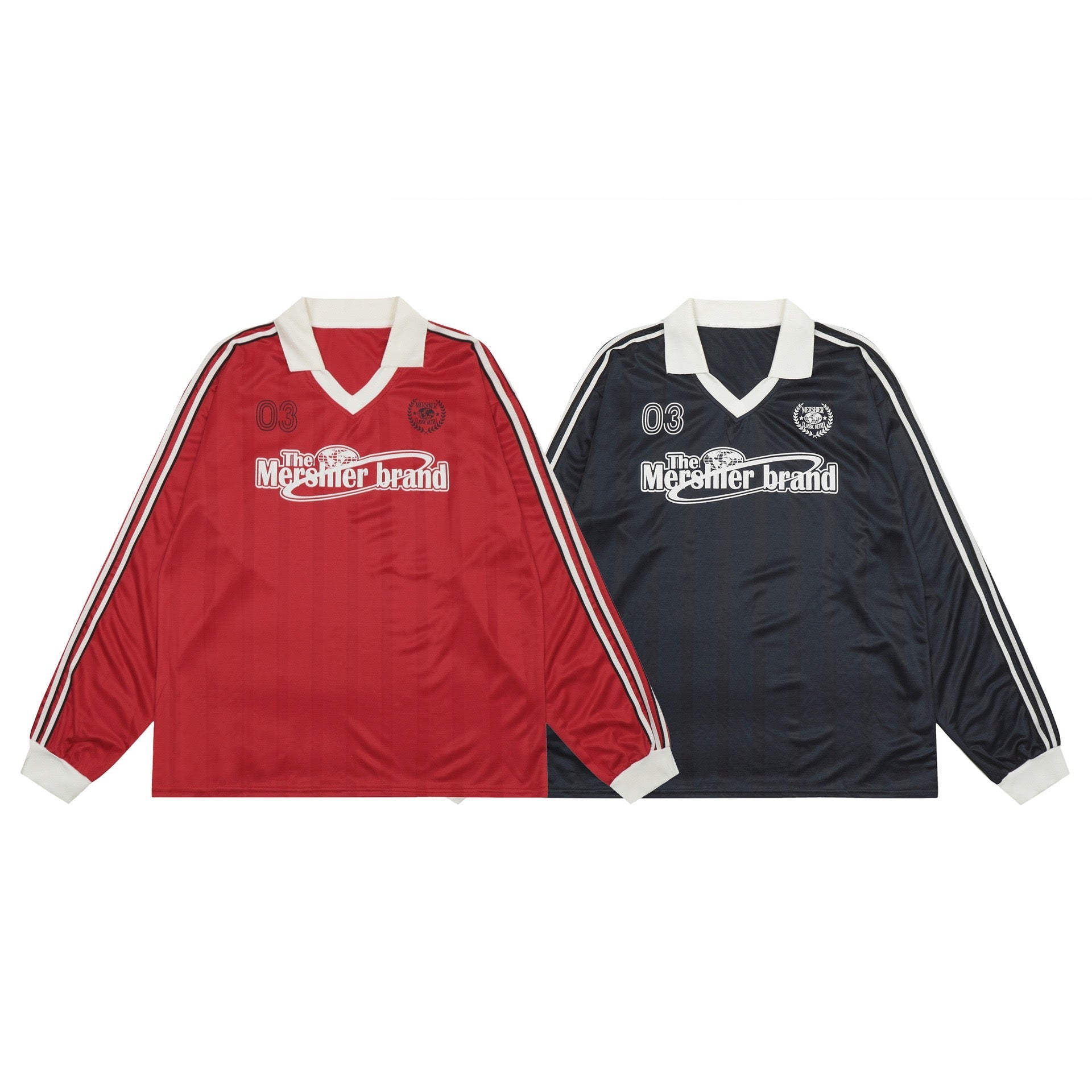 Red and navy long-sleeve retro football jerseys with contrast cream collar, twin sleeve stripes, and Mershier Brand chest gra