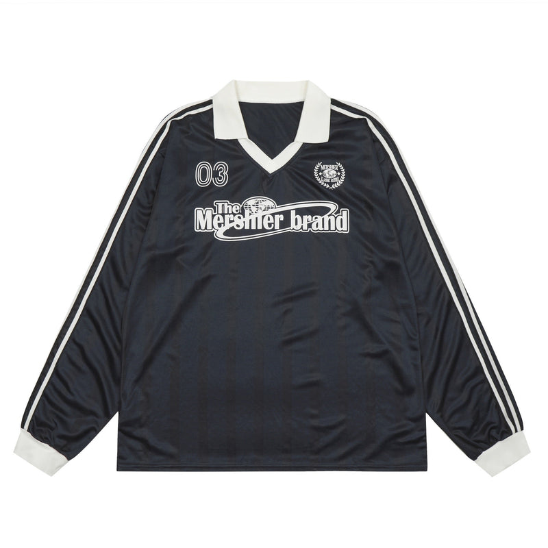 Black long-sleeve football jersey with white collar, sleeve stripes, and chest graphic