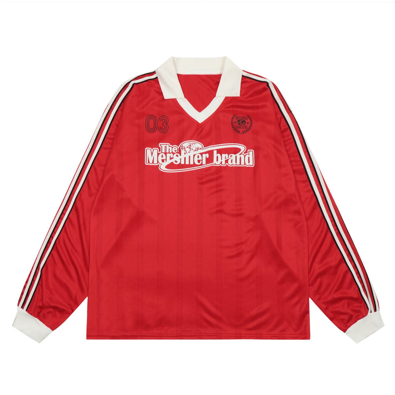 Red long-sleeve football jersey with white collar, sleeve stripes, and front graphics