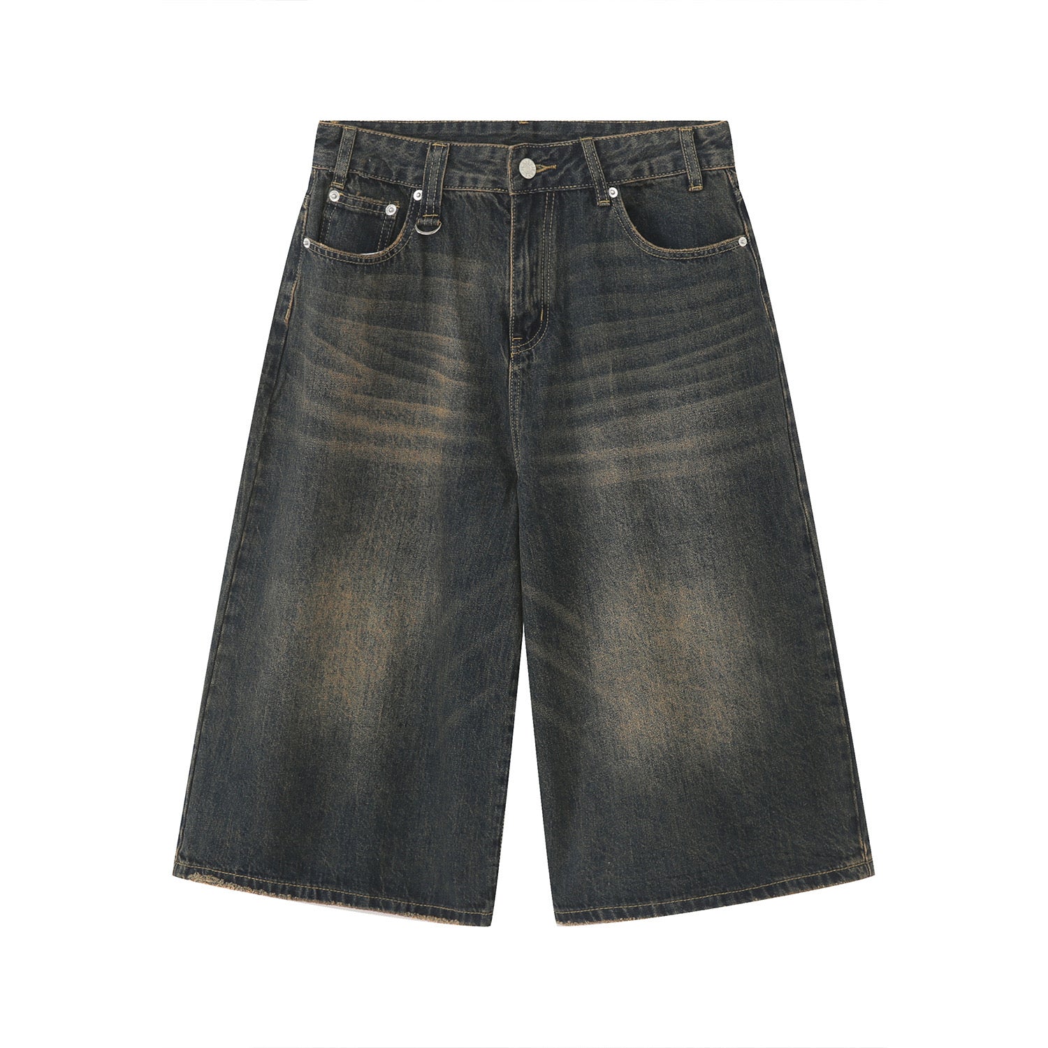 Men's wide-leg knee-length denim shorts in dark charcoal vintage wash with amber fading and five-pocket construction