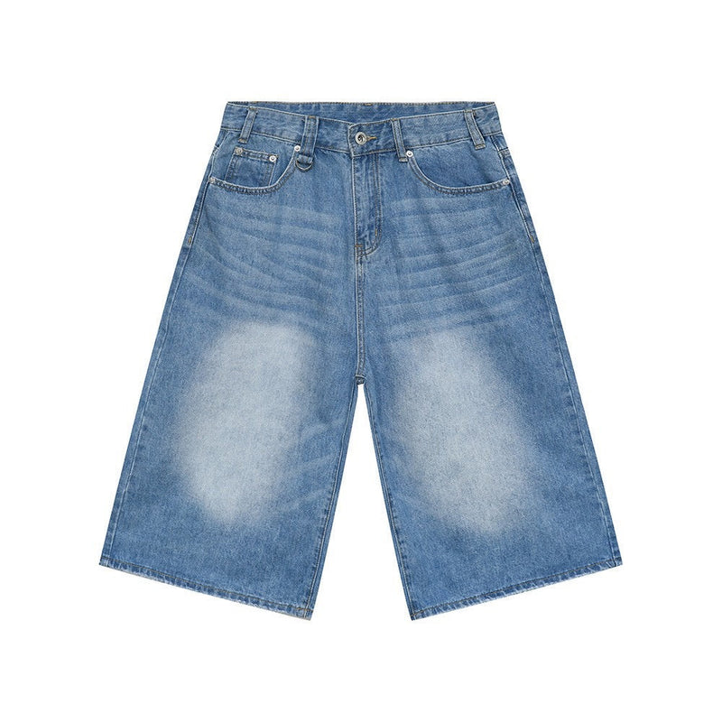 Light blue wide-leg denim shorts with heavy faded wash and front five-pocket design