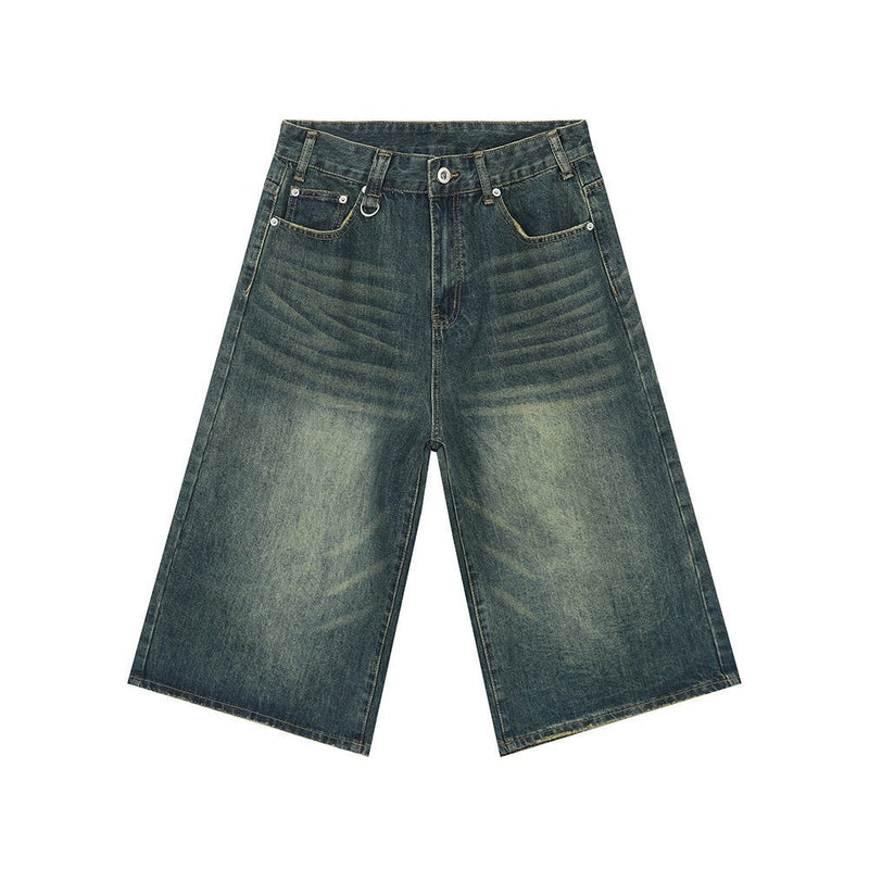 Dark greenish denim shorts with faded wash and front five-pocket design