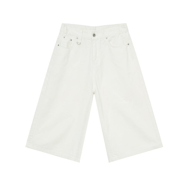White wide-leg denim shorts with front five-pocket design and silver rivets