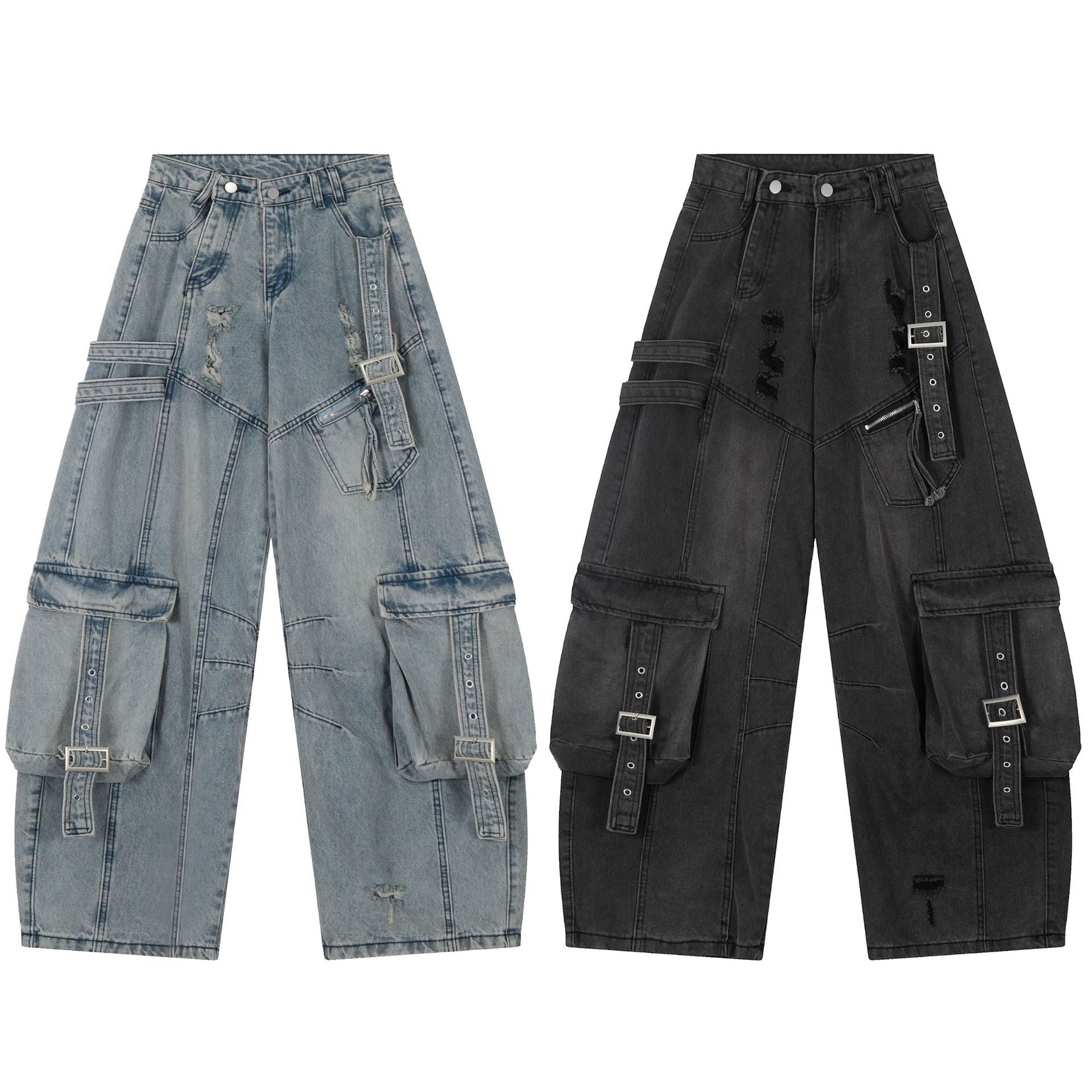 Washed black wide-leg cargo denim pants with metal buckle straps, oversized pockets, and distressed detailing on a white back