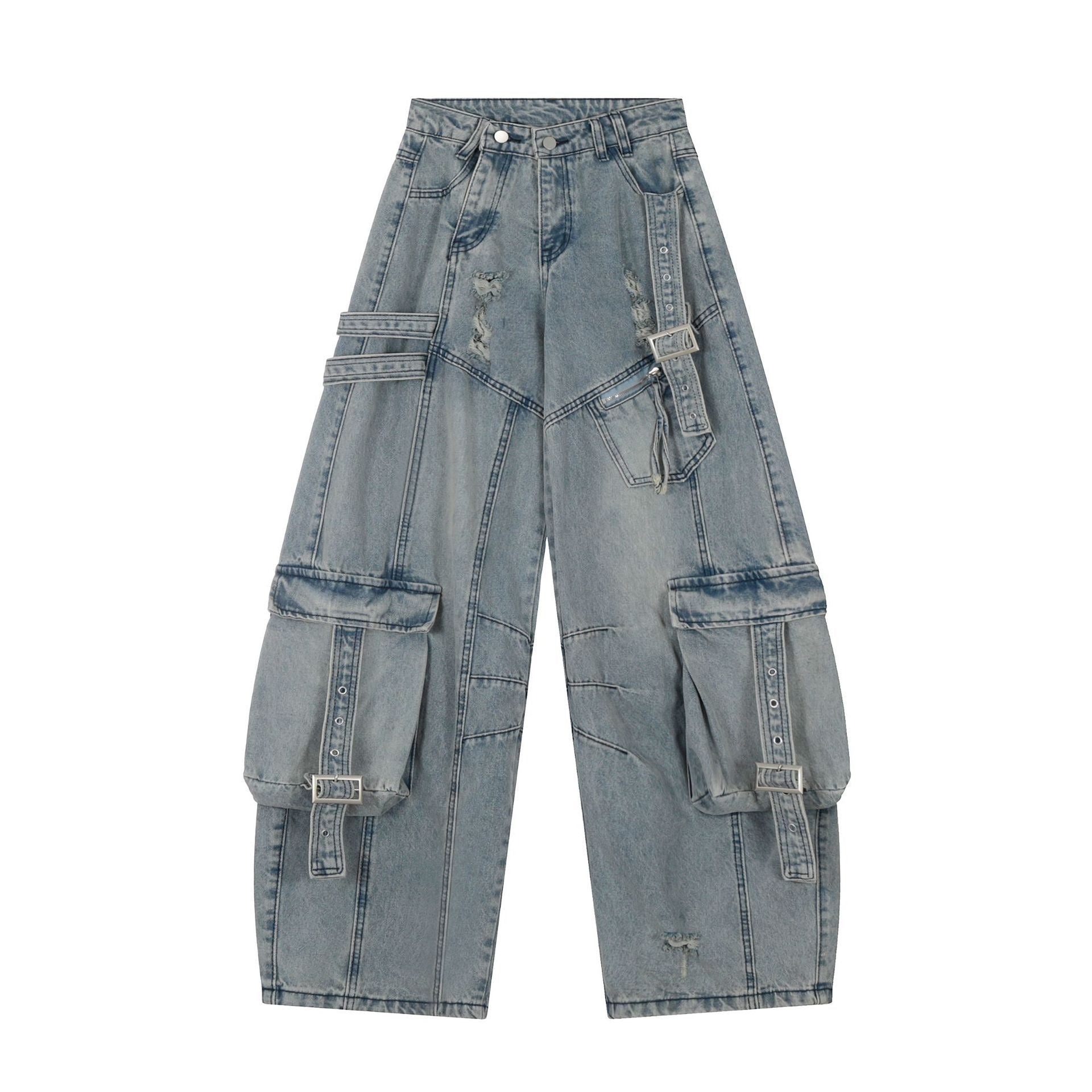 Wide-Leg Cargo Denim Pants with Buckle Straps & Distressing