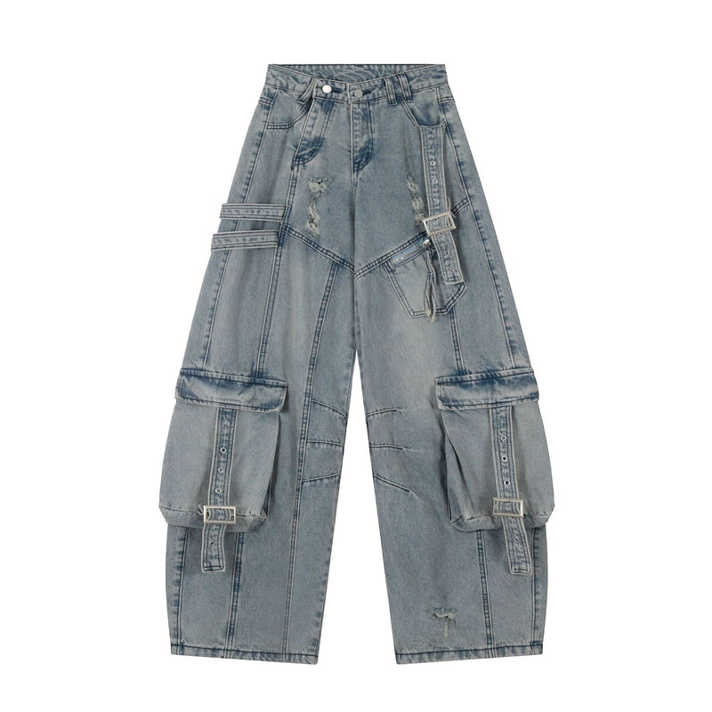 Wide-Leg Cargo Denim Pants with Buckle Straps & Distressing
