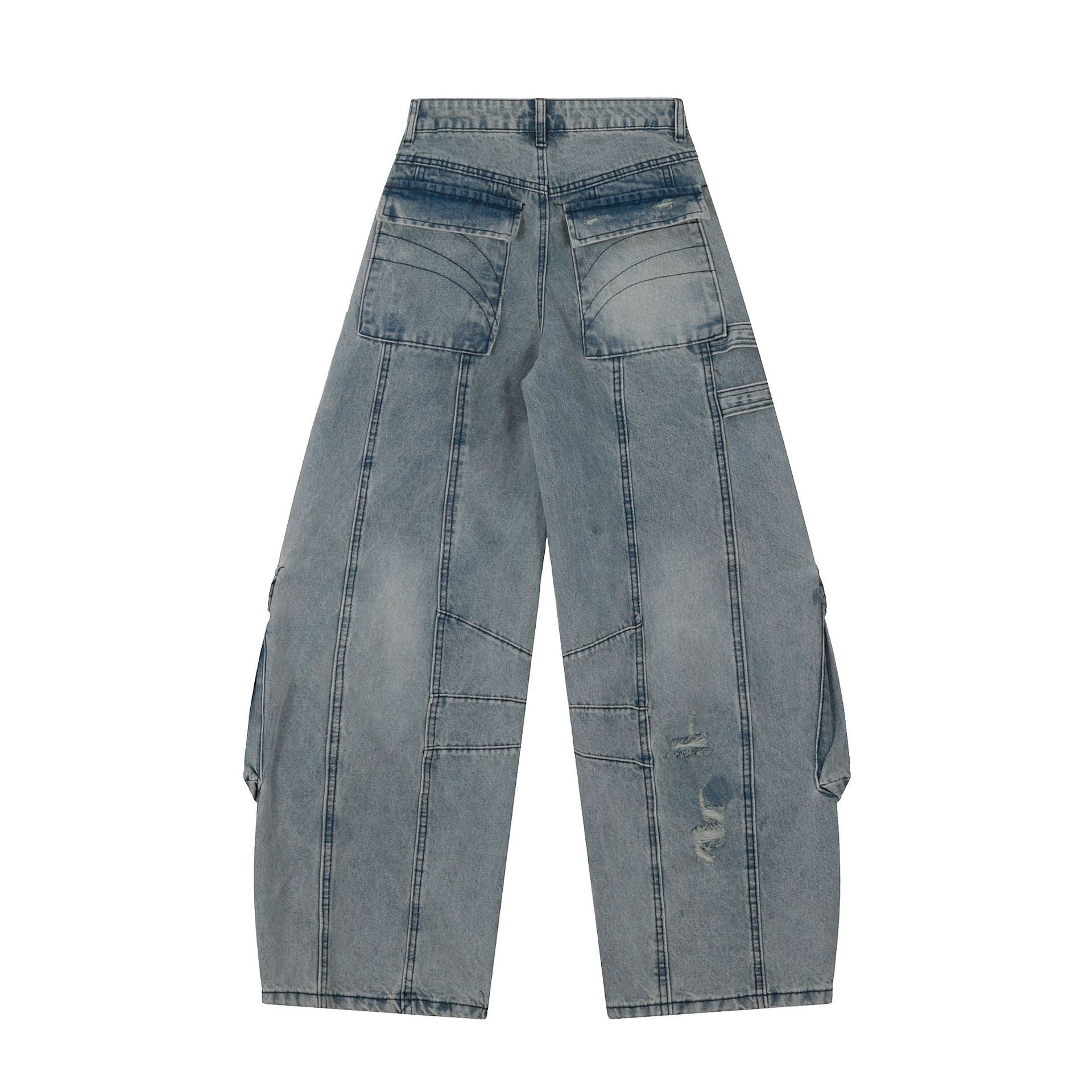 Wide-Leg Cargo Denim Pants with Buckle Straps & Distressing