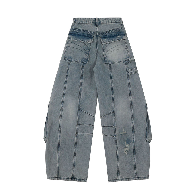 Wide-Leg Cargo Denim Pants with Buckle Straps & Distressing