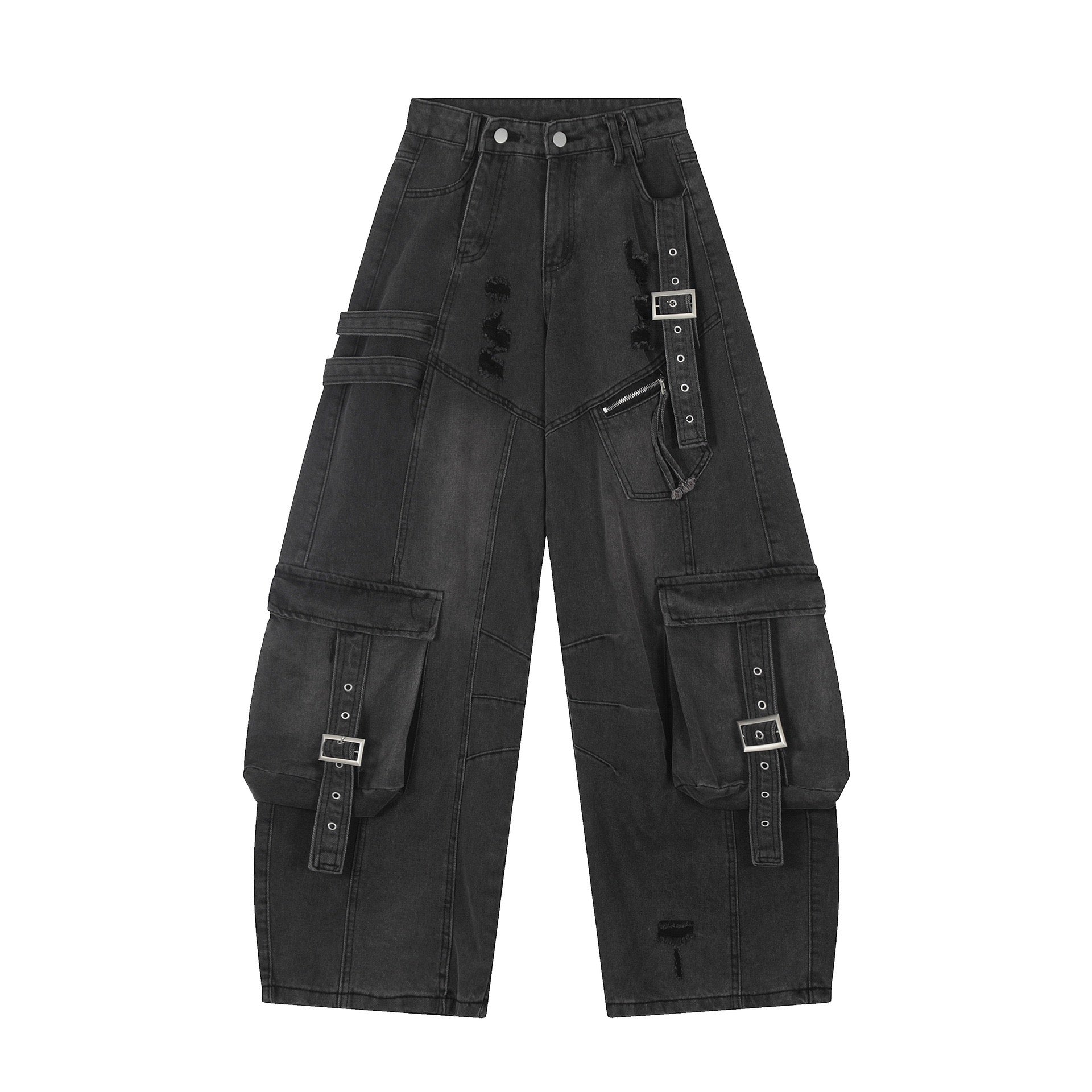 Wide-Leg Cargo Denim Pants with Buckle Straps & Distressing