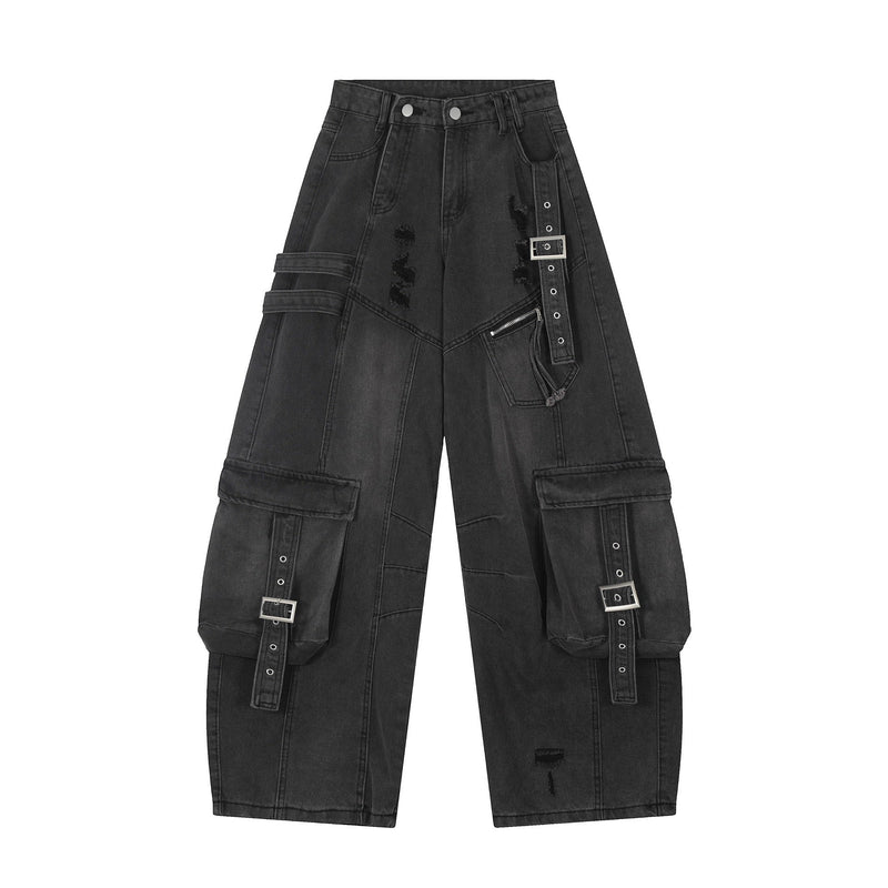 Wide-Leg Cargo Denim Pants with Buckle Straps & Distressing