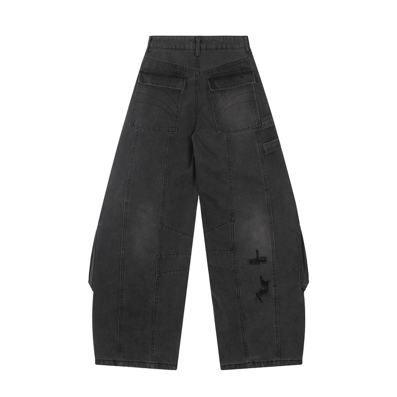 Wide-Leg Cargo Denim Pants with Buckle Straps & Distressing