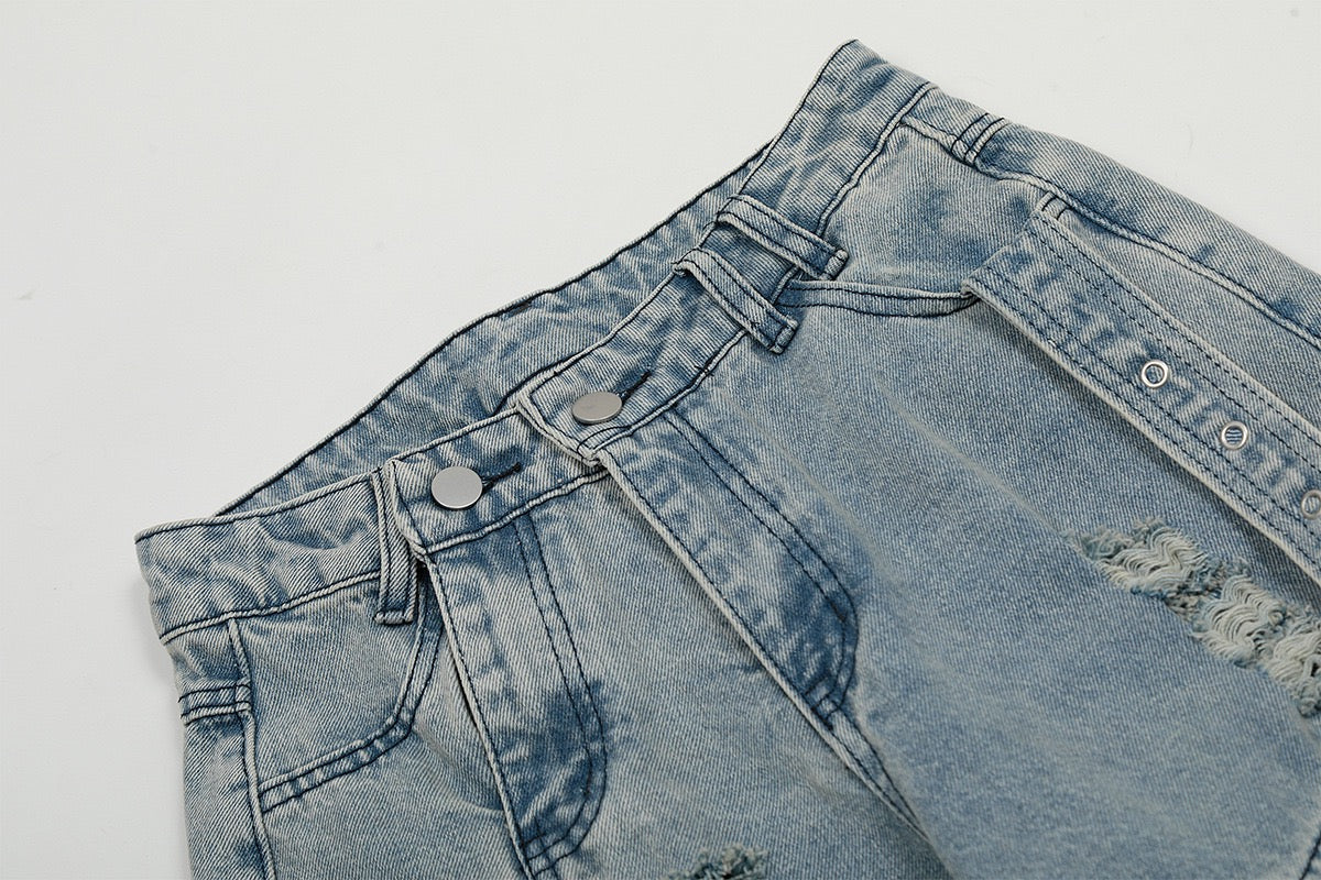 Wide-Leg Cargo Denim Pants with Buckle Straps & Distressing