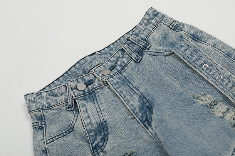 Wide-Leg Cargo Denim Pants with Buckle Straps & Distressing