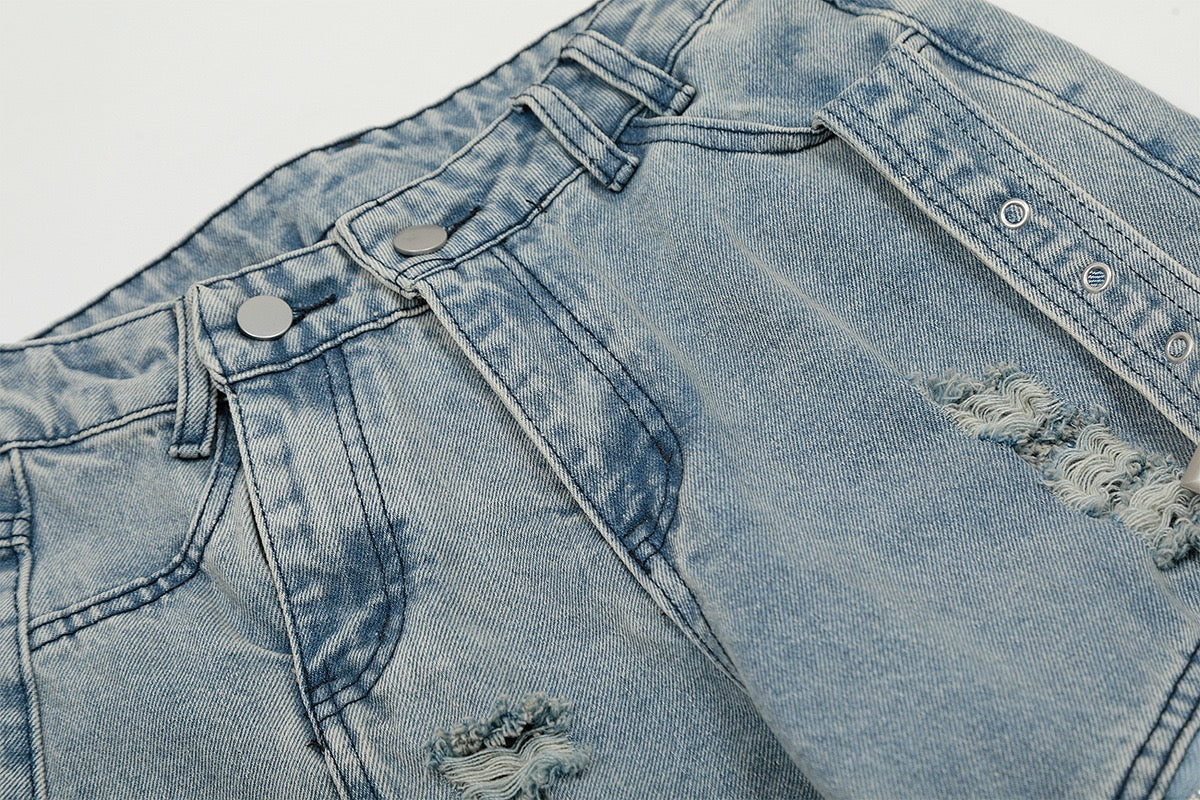 Wide-Leg Cargo Denim Pants with Buckle Straps & Distressing