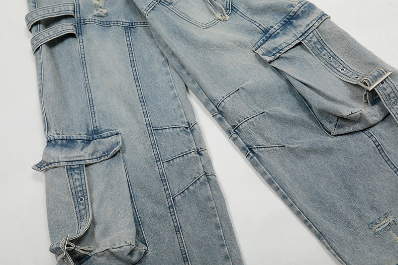 Wide-Leg Cargo Denim Pants with Buckle Straps & Distressing