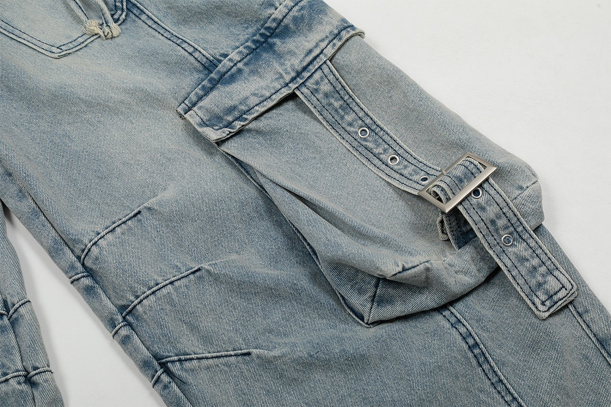 Wide-Leg Cargo Denim Pants with Buckle Straps & Distressing