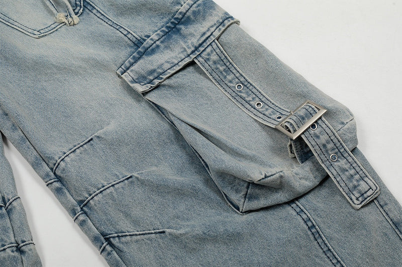 Wide-Leg Cargo Denim Pants with Buckle Straps & Distressing
