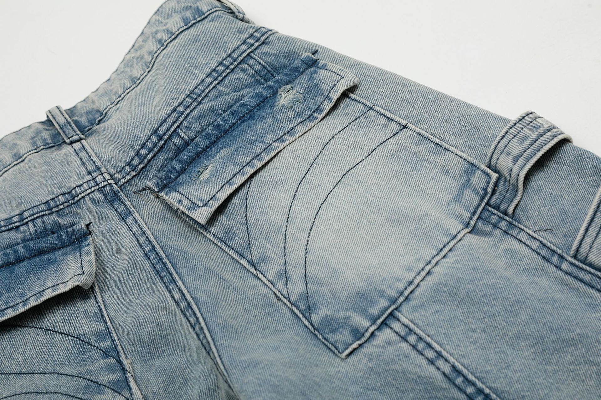 Wide-Leg Cargo Denim Pants with Buckle Straps & Distressing