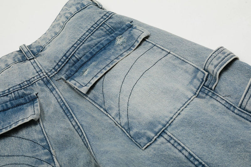 Wide-Leg Cargo Denim Pants with Buckle Straps & Distressing