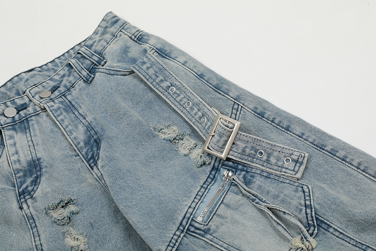 Wide-Leg Cargo Denim Pants with Buckle Straps & Distressing