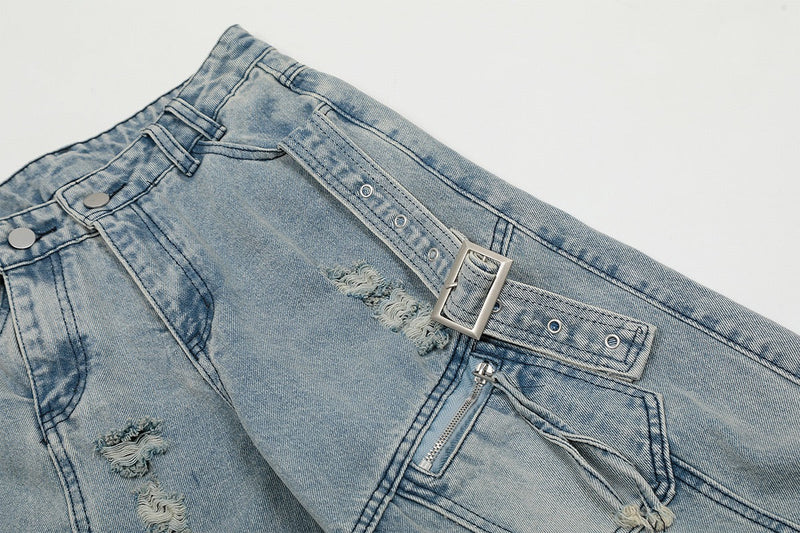 Wide-Leg Cargo Denim Pants with Buckle Straps & Distressing
