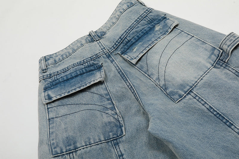 Wide-Leg Cargo Denim Pants with Buckle Straps & Distressing