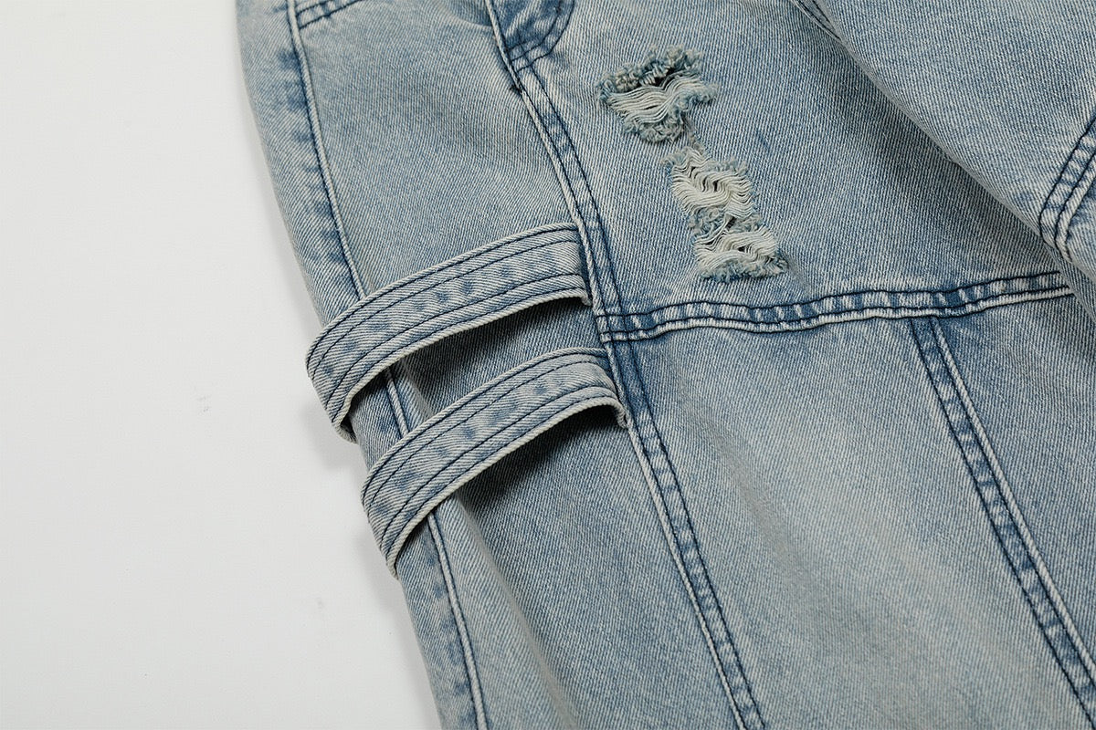 Wide-Leg Cargo Denim Pants with Buckle Straps & Distressing