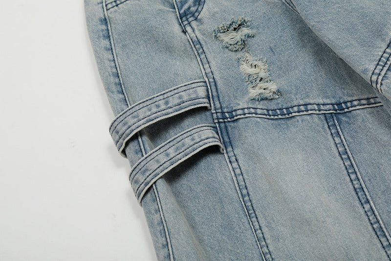 Wide-Leg Cargo Denim Pants with Buckle Straps & Distressing