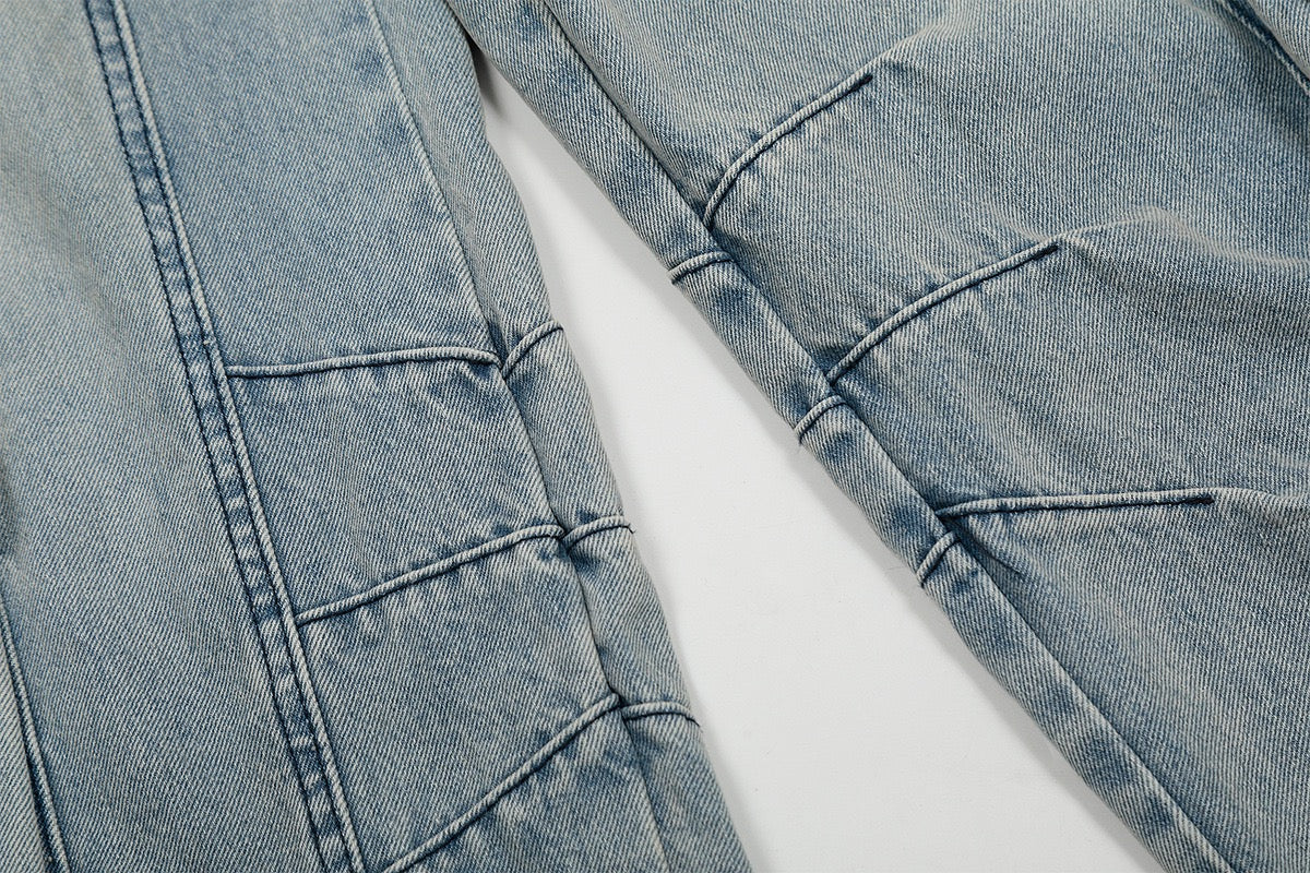 Wide-Leg Cargo Denim Pants with Buckle Straps & Distressing