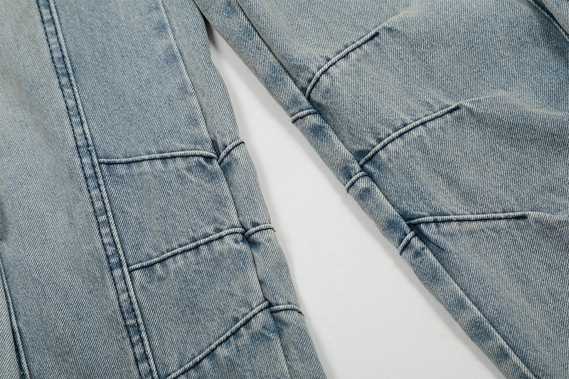 Wide-Leg Cargo Denim Pants with Buckle Straps & Distressing