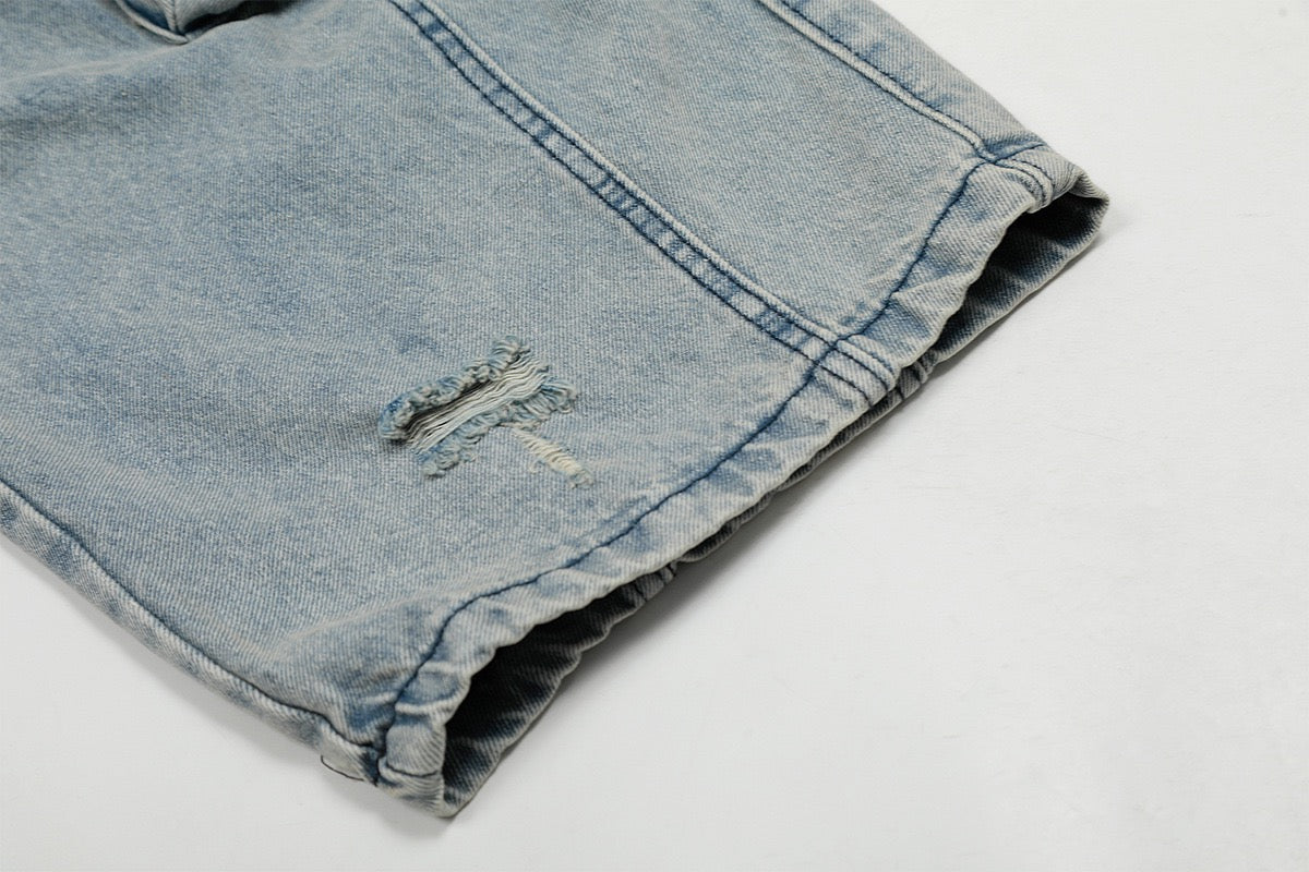 Wide-Leg Cargo Denim Pants with Buckle Straps & Distressing