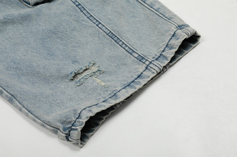 Wide-Leg Cargo Denim Pants with Buckle Straps & Distressing