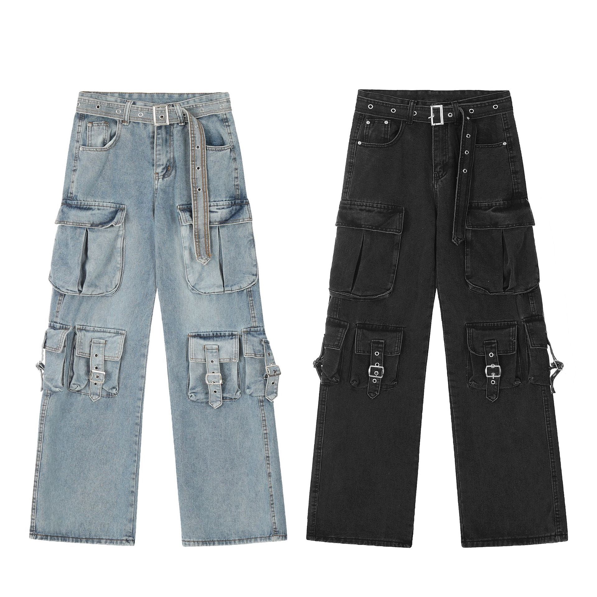 Wide-leg cargo jeans in light blue and black denim with multi flap pockets, metal buckle straps and denim belt