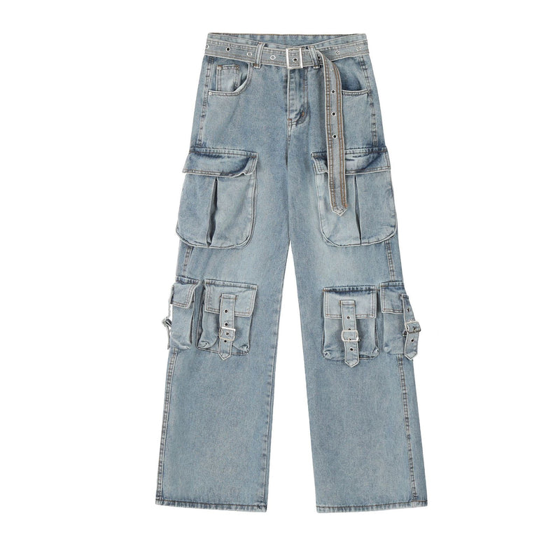 Multi-Pocket Buckle Cargo Jeans | Wide-Leg Denim