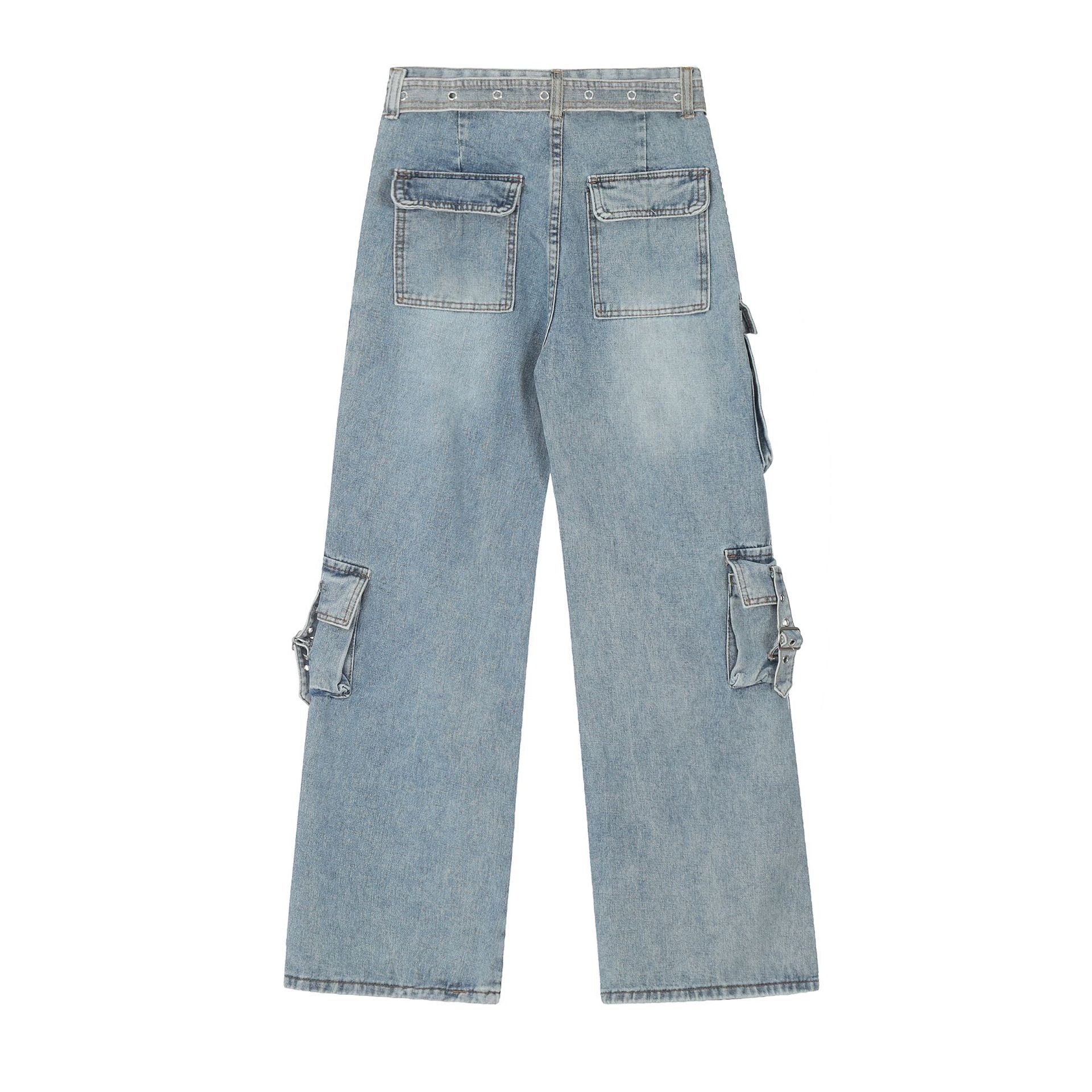 Multi-Pocket Buckle Cargo Jeans | Wide-Leg Denim