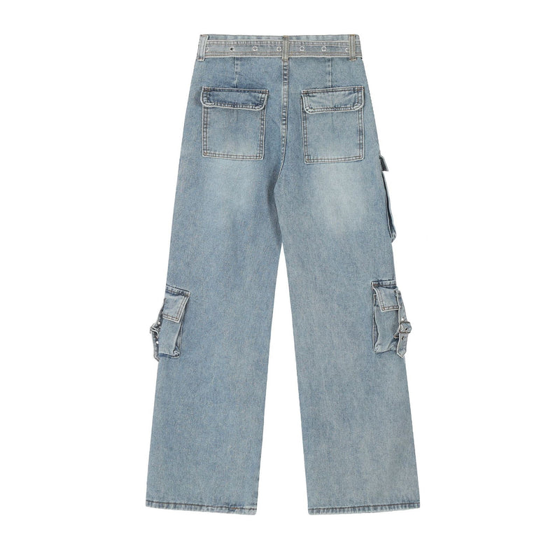 Multi-Pocket Buckle Cargo Jeans | Wide-Leg Denim