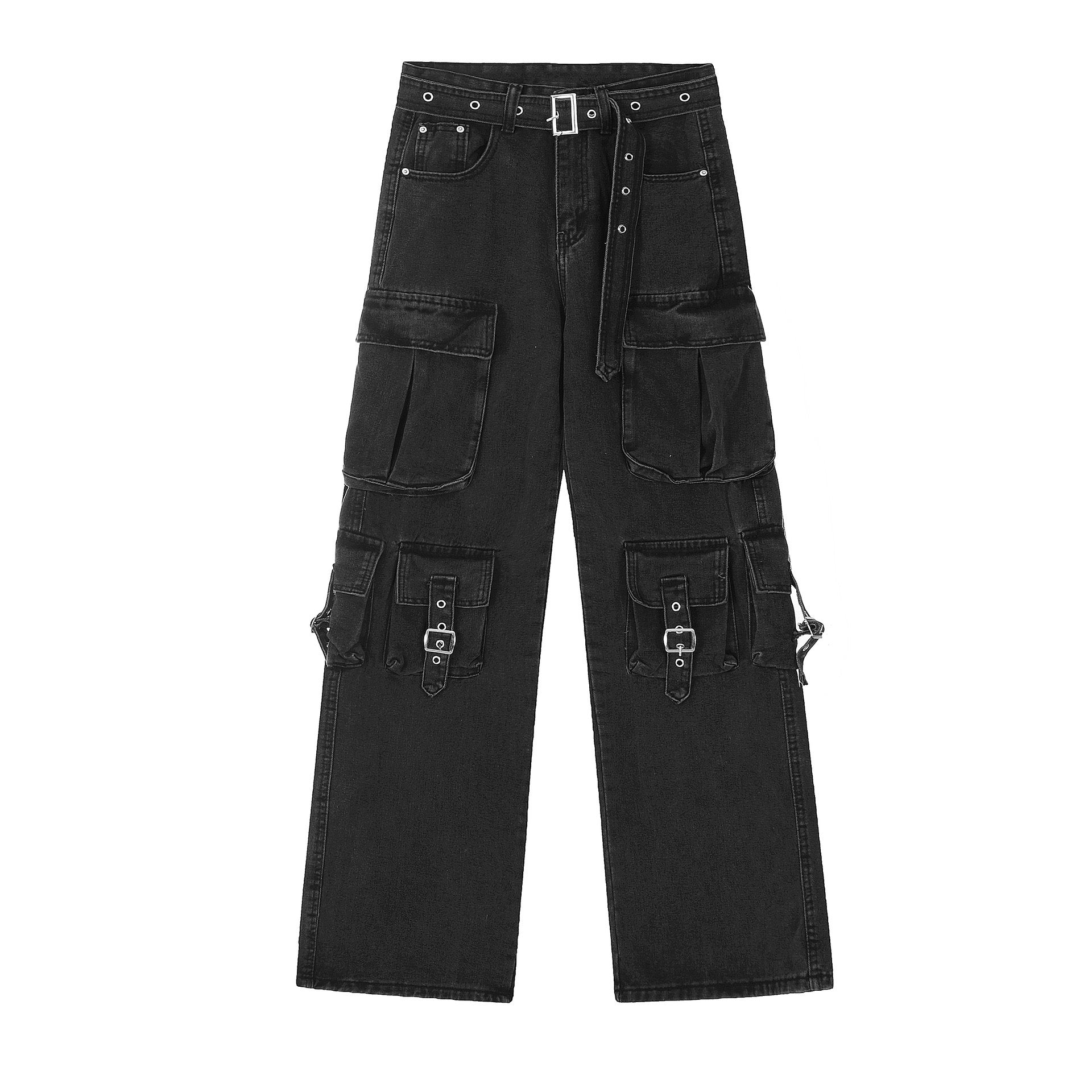 Multi-Pocket Buckle Cargo Jeans | Wide-Leg Denim