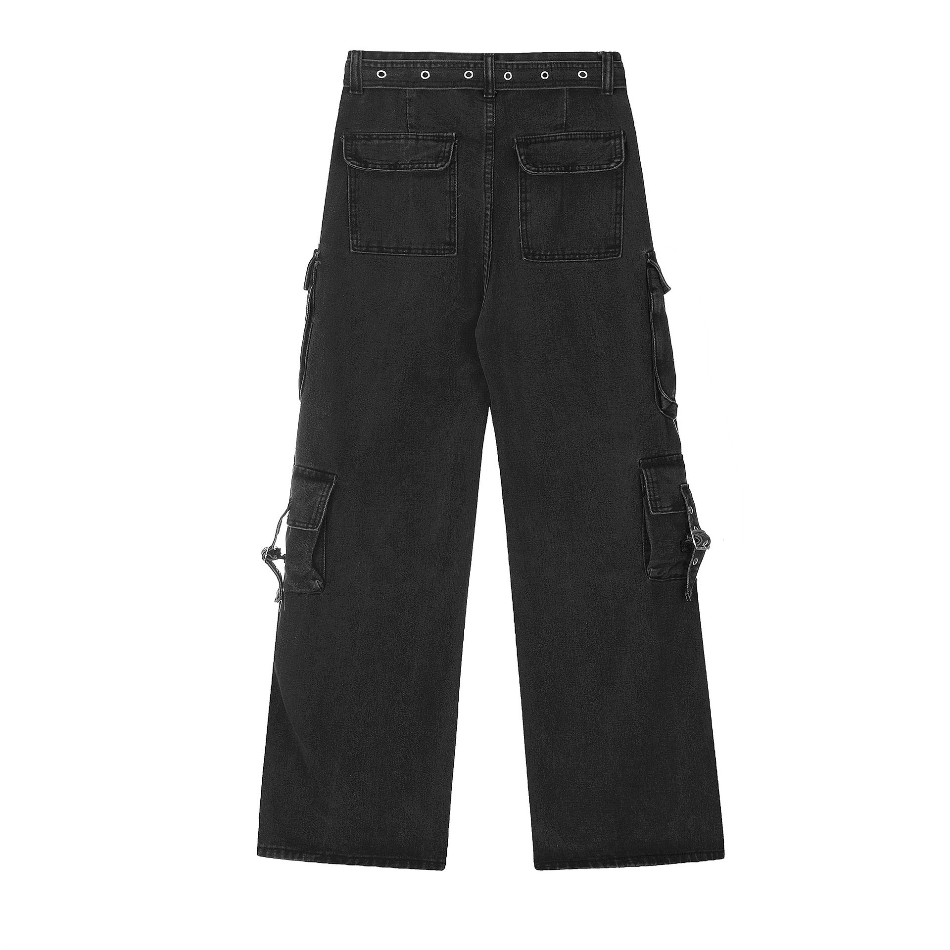 Multi-Pocket Buckle Cargo Jeans | Wide-Leg Denim