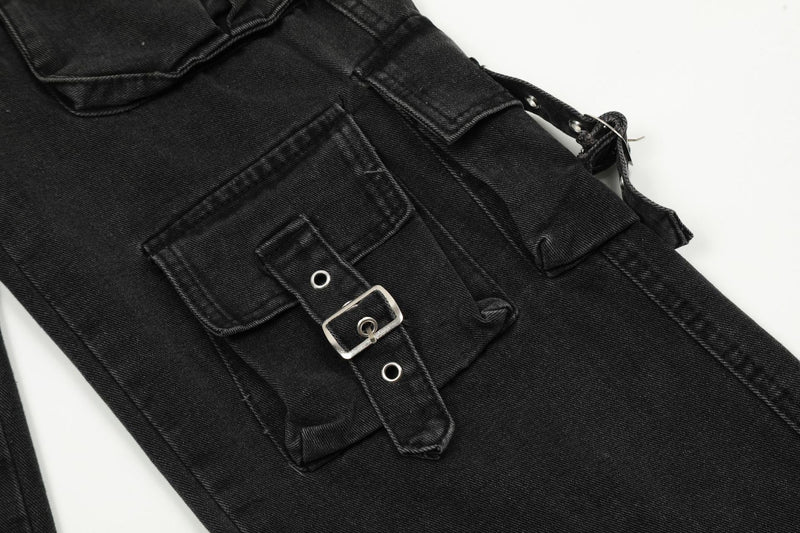 Multi-Pocket Buckle Cargo Jeans | Wide-Leg Denim