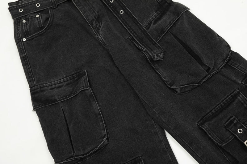 Multi-Pocket Buckle Cargo Jeans | Wide-Leg Denim
