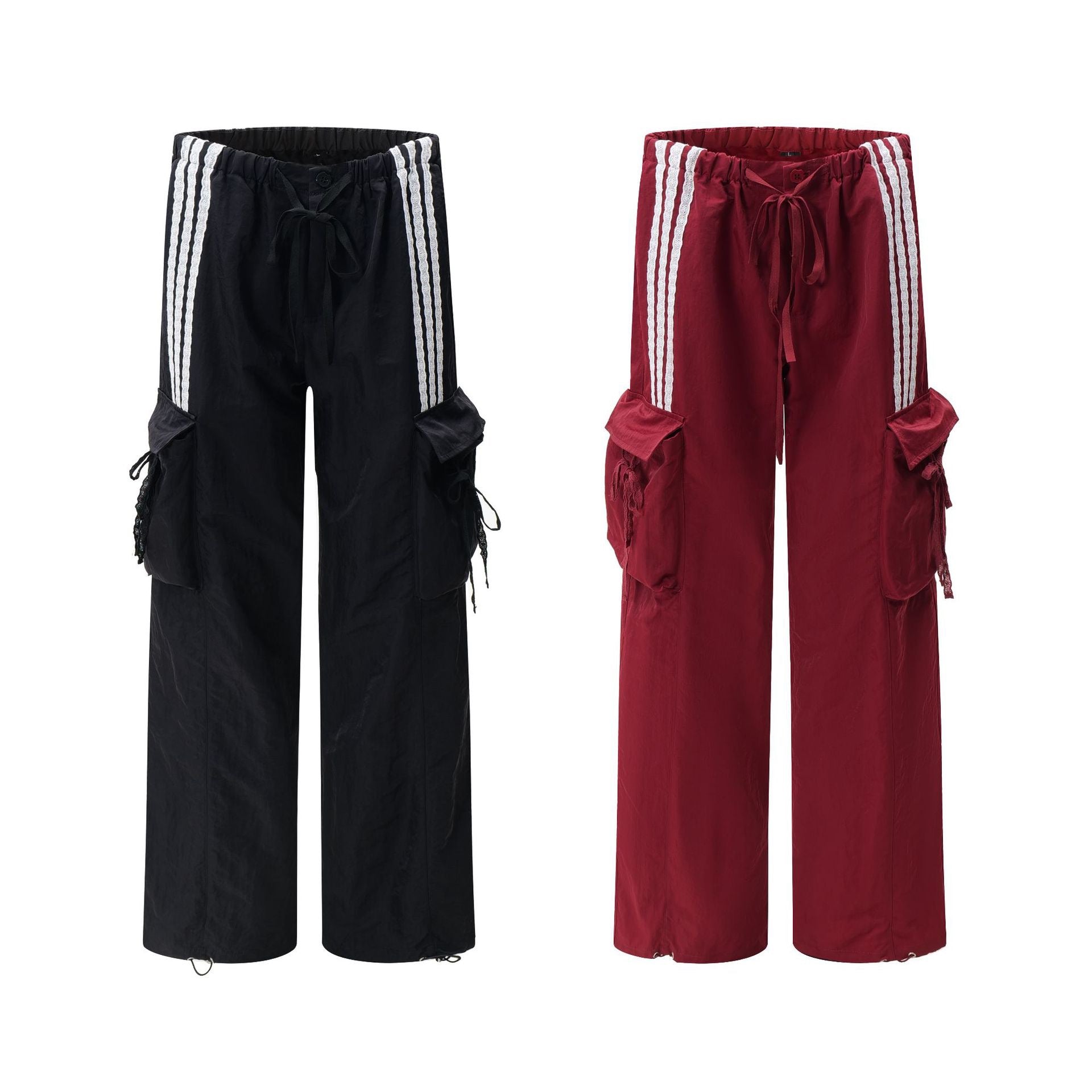Burgundy wide-leg cargo track pants with white triple side stripes, oversized flap pockets, and drawstring waist on white bac