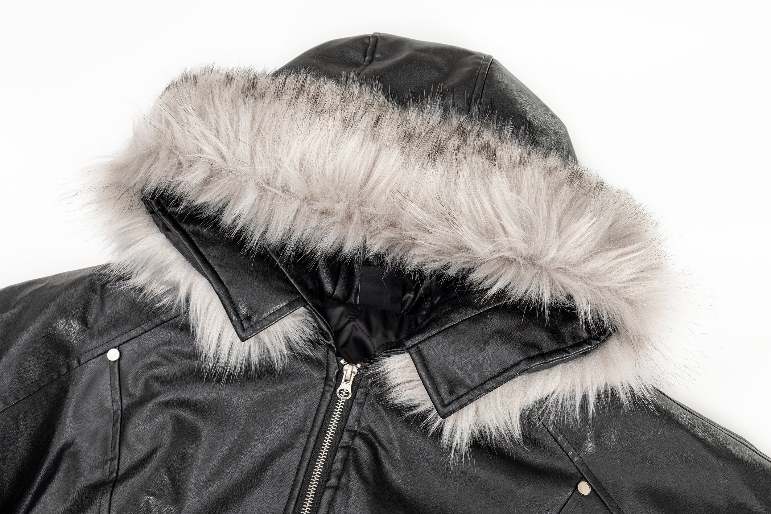 Faux Leather Fur-Trimmed Hooded Bomber Jacket | Omirad