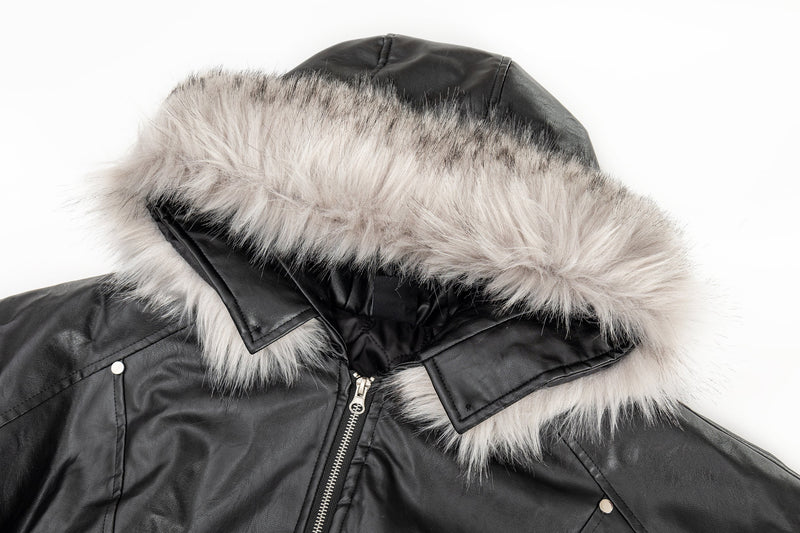 Faux Leather Fur-Trimmed Hooded Bomber Jacket | Omirad