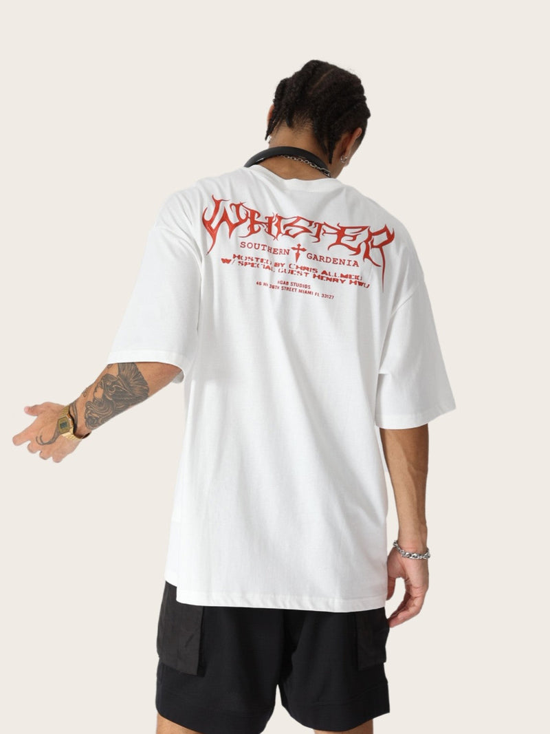 Oversized white tee with red gothic back graphic, worn by model with loose fit and streetwear styling
