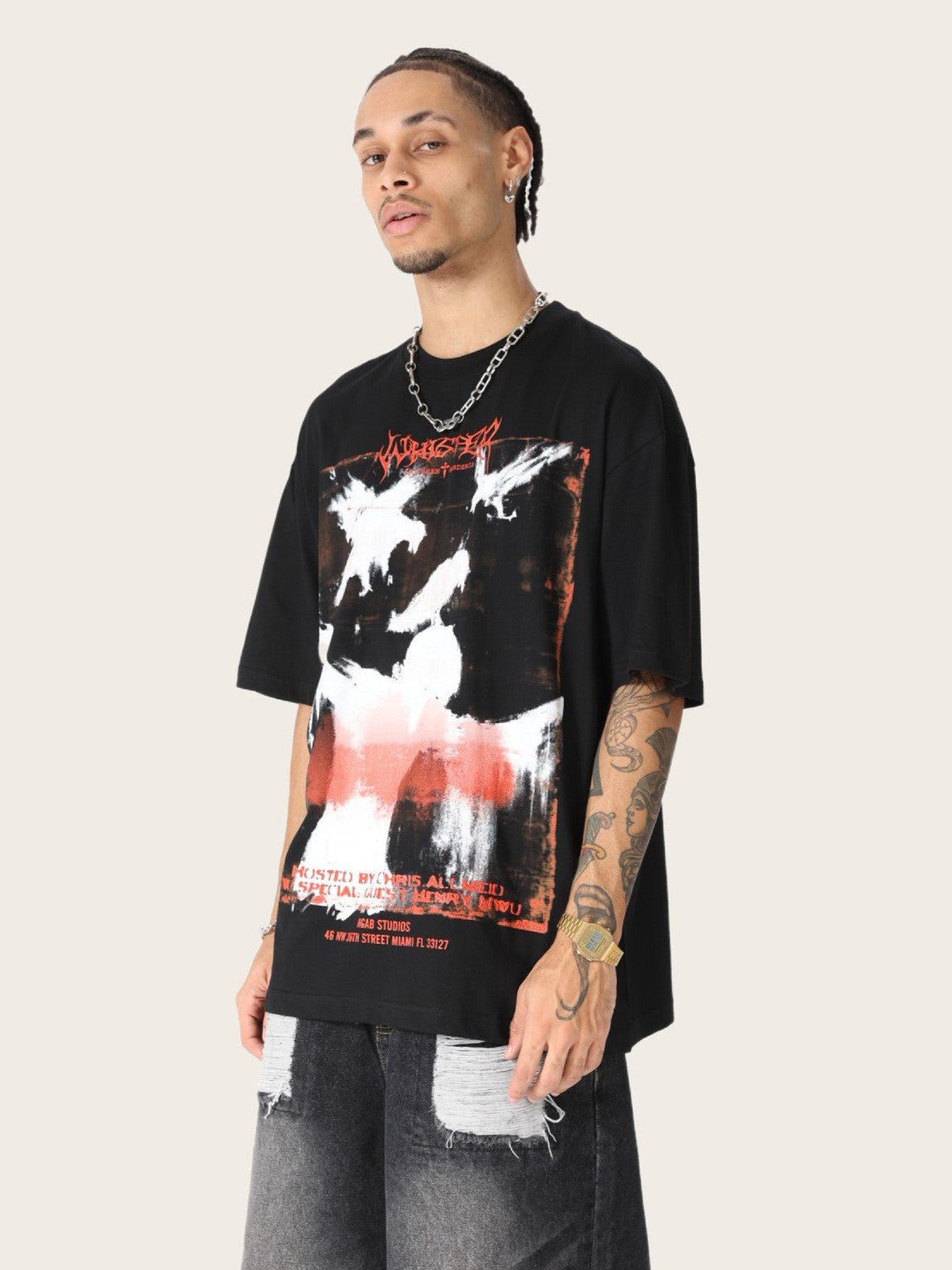 Distressed Raven Graphic Oversized Tee | Gothic Streetwear